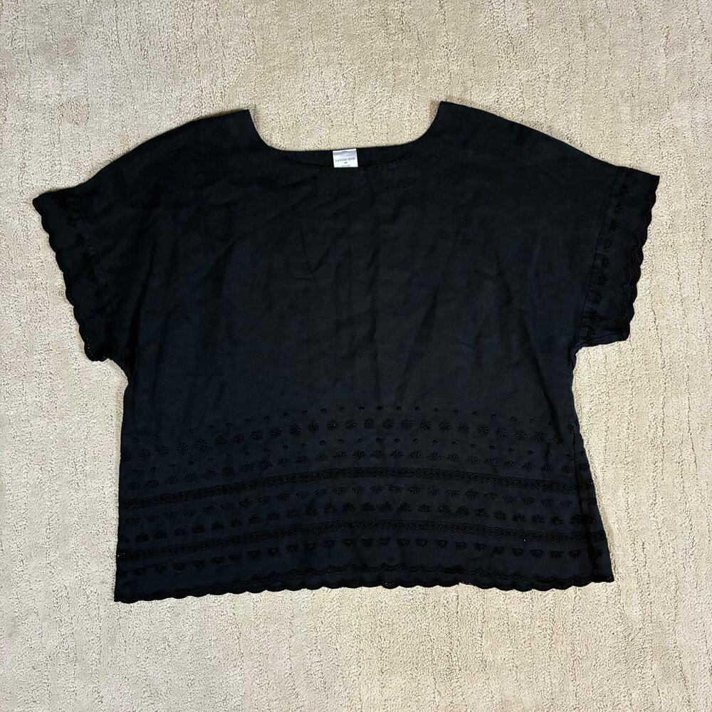 Lands End Women 18 Black Linen Eyelet Short Sleeve Lagenlook Minimalist Resort